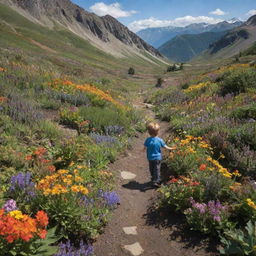 A vibrantly colored mountain garden teeming with small, diverse flowers, with a boy joyfully exploring amongst them.