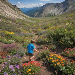 A vibrantly colored mountain garden teeming with small, diverse flowers, with a boy joyfully exploring amongst them.