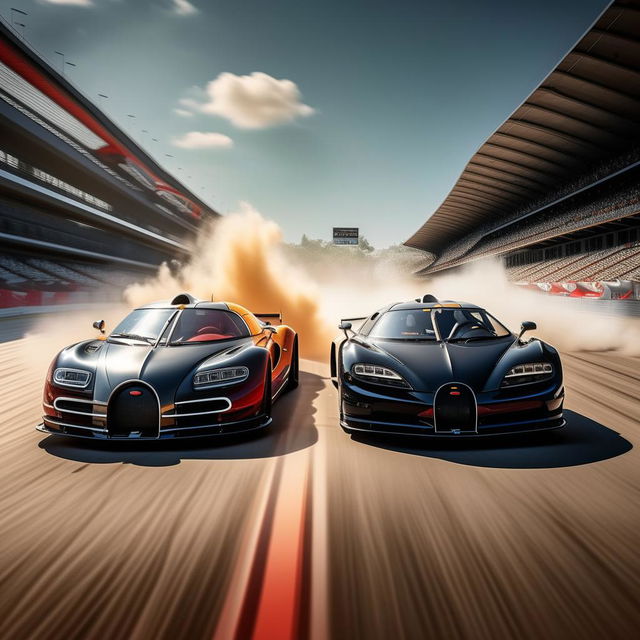 A thrilling drag race between a high-performance Koenigsegg and a state-of-the-art Bugatti. Both are on a racetrack with dust flying up due to their exorbitant speed.