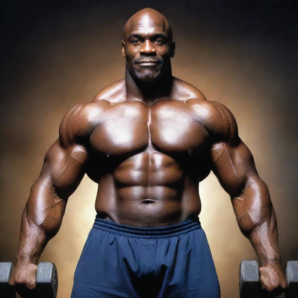 Elevate to a universal scale: a godlike Ronnie Coleman, his fiery eyes illuminating the cosmos, lifting dumbbells made of swirling galaxies. The gym spreads through dimensions, its grandeur surpassing the boundaries of time and space.