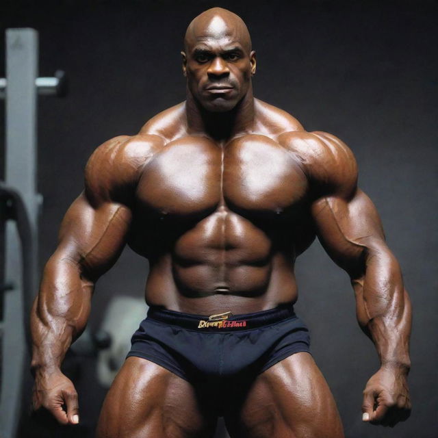 Elevate to a universal scale: a godlike Ronnie Coleman, his fiery eyes illuminating the cosmos, lifting dumbbells made of swirling galaxies. The gym spreads through dimensions, its grandeur surpassing the boundaries of time and space.