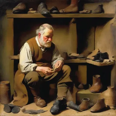 The cobbling was beautifully depicted in the painting, capturing every detail of the shoemaker's trade.