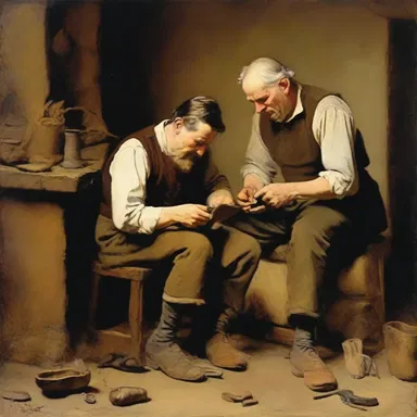 The cobbling was beautifully depicted in the painting, capturing every detail of the shoemaker's trade.