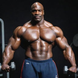 Elevate to a universal scale: a godlike Ronnie Coleman, his fiery eyes illuminating the cosmos, lifting dumbbells made of swirling galaxies. The gym spreads through dimensions, its grandeur surpassing the boundaries of time and space.