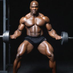 Elevate to a universal scale: a godlike Ronnie Coleman, his fiery eyes illuminating the cosmos, lifting dumbbells made of swirling galaxies. The gym spreads through dimensions, its grandeur surpassing the boundaries of time and space.