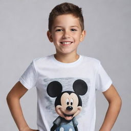 A young boy joyfully standing, your eyes are drawn to his t-shirt bearing a well-detailed print of Mickey Mouse.