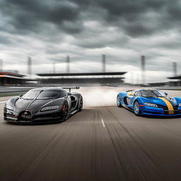 A thrilling drag race between a high-performance Koenigsegg and a state-of-the-art Bugatti. Both are on a racetrack with dust flying up due to their exorbitant speed.