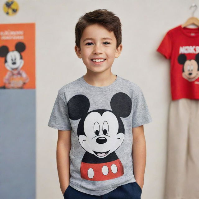 A young boy joyfully standing, your eyes are drawn to his t-shirt bearing a well-detailed print of Mickey Mouse.