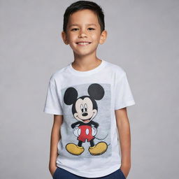 A young boy joyfully standing, your eyes are drawn to his t-shirt bearing a well-detailed print of Mickey Mouse.