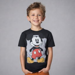 A young boy joyfully standing, your eyes are drawn to his t-shirt bearing a well-detailed print of Mickey Mouse.