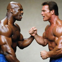 A high-intensity scene: Ronnie Coleman and Arnold Schwarzenegger, muscular and fierce, locked in combat, their fists striking each other's faces. The impact sends shockwaves reverberating around them.