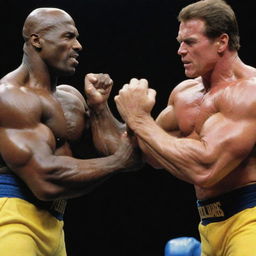 A high-intensity scene: Ronnie Coleman and Arnold Schwarzenegger, muscular and fierce, locked in combat, their fists striking each other's faces. The impact sends shockwaves reverberating around them.