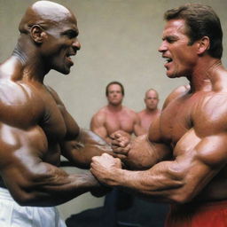 A high-intensity scene: Ronnie Coleman and Arnold Schwarzenegger, muscular and fierce, locked in combat, their fists striking each other's faces. The impact sends shockwaves reverberating around them.