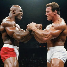 A high-intensity scene: Ronnie Coleman and Arnold Schwarzenegger, muscular and fierce, locked in combat, their fists striking each other's faces. The impact sends shockwaves reverberating around them.