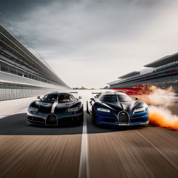 A thrilling drag race between a high-performance Koenigsegg and a state-of-the-art Bugatti. Both are on a racetrack with dust flying up due to their exorbitant speed.