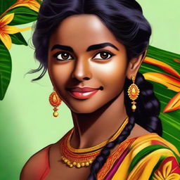 A digital art representation of a Sri Lankan girl in traditional Sinhala attire, looking confident and charming