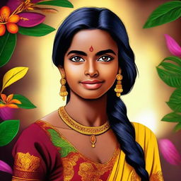 A digital art representation of a Sri Lankan girl in traditional Sinhala attire, looking confident and charming