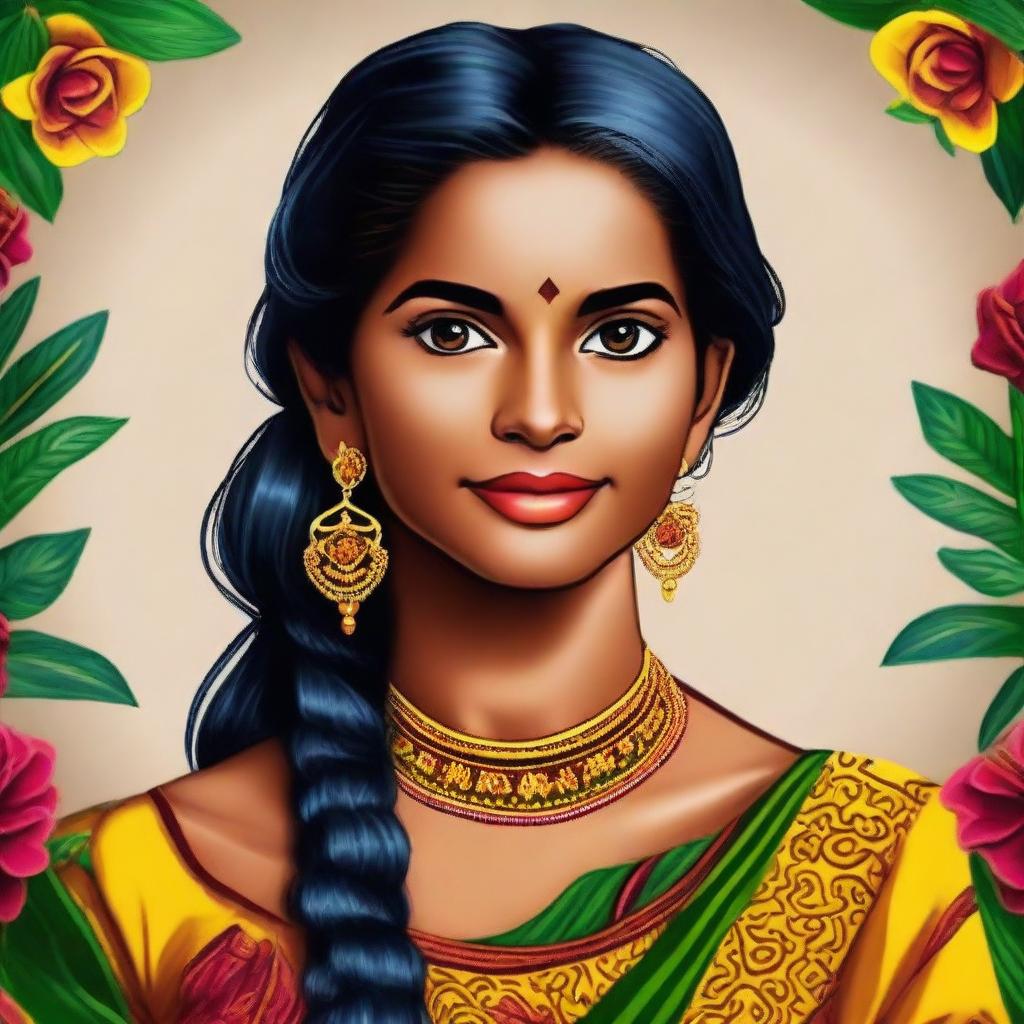 A digital art representation of a Sri Lankan girl in traditional Sinhala attire, looking confident and charming