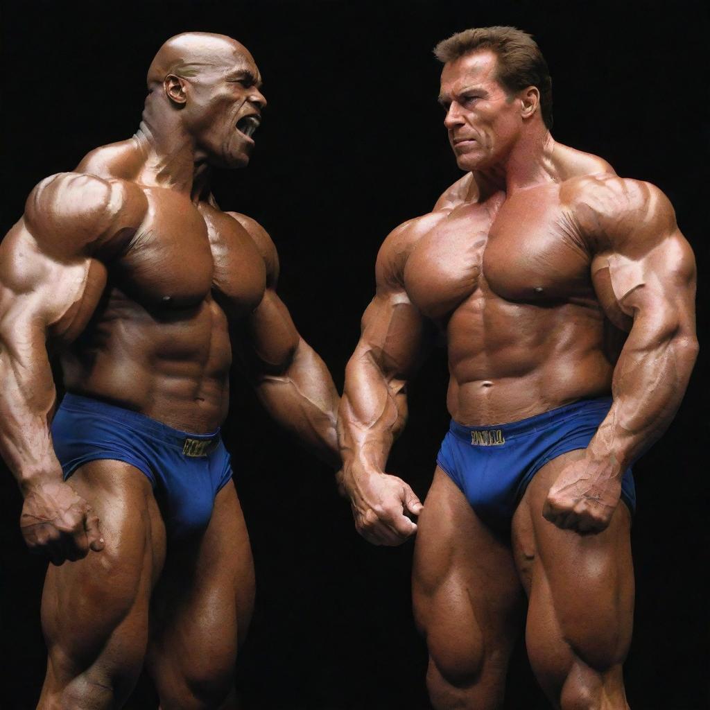 A terrifying spectacle of Ronnie Coleman and Arnold Schwarzenegger locked in a fierce battle. Their muscular forms are heightened to monstrous scale, faces contorted with rage as they strike each other amidst an eerie, foreboding atmosphere.