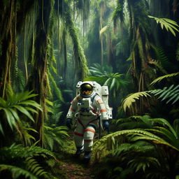 An astronaut in full gear strolling through a dense, verdant rainforest teeming with exotic wildlife and lush plant life.