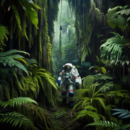 An astronaut in full gear strolling through a dense, verdant rainforest teeming with exotic wildlife and lush plant life.