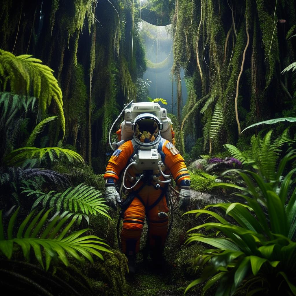 An astronaut in full gear strolling through a dense, verdant rainforest teeming with exotic wildlife and lush plant life.