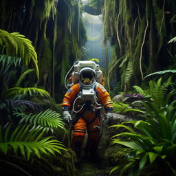 An astronaut in full gear strolling through a dense, verdant rainforest teeming with exotic wildlife and lush plant life.