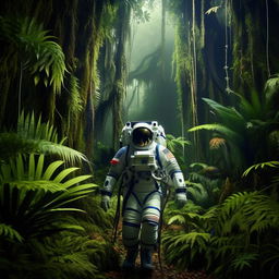 An astronaut in full gear strolling through a dense, verdant rainforest teeming with exotic wildlife and lush plant life.