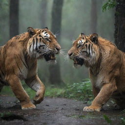 A fierce tiger and a courageous lion engaged in a battle in the midst of a dense forest under a heavy rain