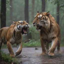 A fierce tiger and a courageous lion engaged in a battle in the midst of a dense forest under a heavy rain