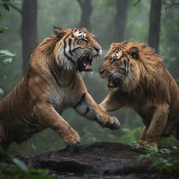 A fierce tiger and a courageous lion engaged in a battle in the midst of a dense forest under a heavy rain