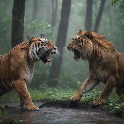 A fierce tiger and a courageous lion engaged in a battle in the midst of a dense forest under a heavy rain