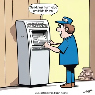 In the comic strip, the postal worker was depicted struggling with a faulty postage meter, resulting in funny mishaps.