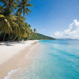 A bright, tropical beach with vivid blue waters, powdery white sand peppered with coconuts, and the crisp freshness of sea air.