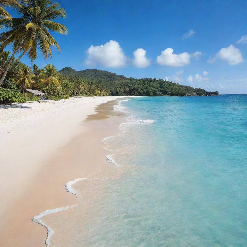 A bright, tropical beach with vivid blue waters, powdery white sand peppered with coconuts, and the crisp freshness of sea air.