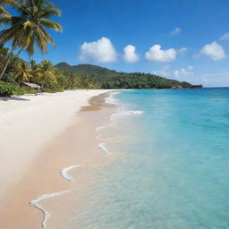 A bright, tropical beach with vivid blue waters, powdery white sand peppered with coconuts, and the crisp freshness of sea air.