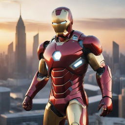 Iron Man in his iconic red and gold suit striking a heroic pose against a backdrop of a futuristic cityscape at sunset.