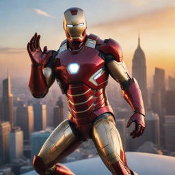 Iron Man in his iconic red and gold suit striking a heroic pose against a backdrop of a futuristic cityscape at sunset.