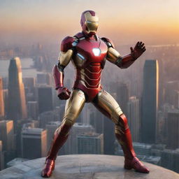 Iron Man in his iconic red and gold suit striking a heroic pose against a backdrop of a futuristic cityscape at sunset.