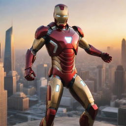 Iron Man in his iconic red and gold suit striking a heroic pose against a backdrop of a futuristic cityscape at sunset.