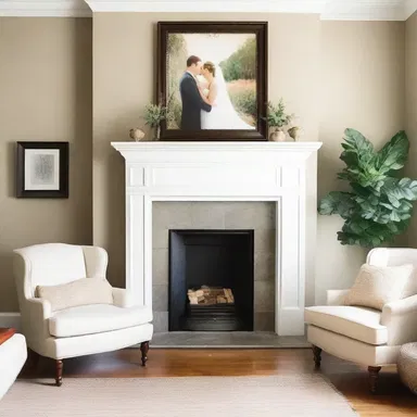 The couple hung their wedding picture on the overmantel, adding a touch of romance to their living room.
