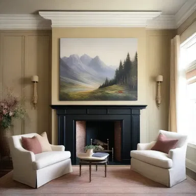 The artist painted a stunning landscape on a canvas that perfectly fit the space above the overmantel.