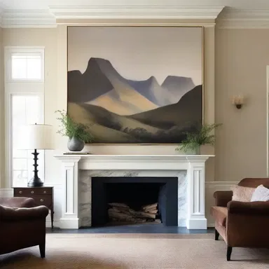 The artist painted a stunning landscape on a canvas that perfectly fit the space above the overmantel.