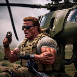 Arnold Schwarzenegger heavily muscled, wearing tactical gear, and artistically firing a massive machine gun from the side of a flying military helicopter.