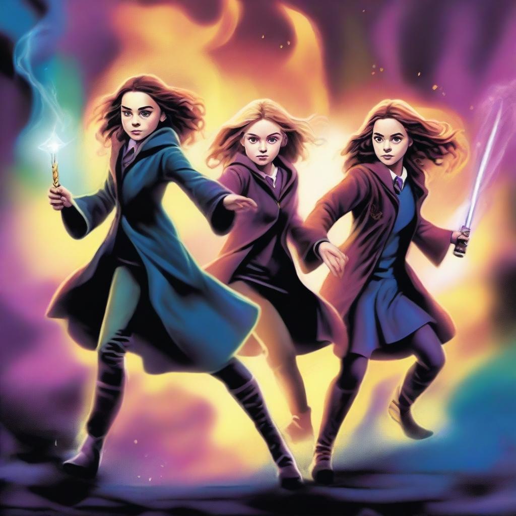 A high-quality digital art depicting the girls from Harry Potter, including Hermione Granger and Luna Lovegood, engaged in a magical duel