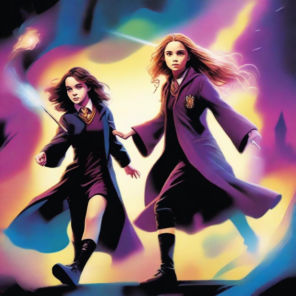 A high-quality digital art depicting the girls from Harry Potter, including Hermione Granger and Luna Lovegood, engaged in a magical duel