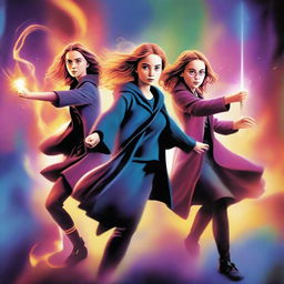 A high-quality digital art depicting the girls from Harry Potter, including Hermione Granger and Luna Lovegood, engaged in a magical duel