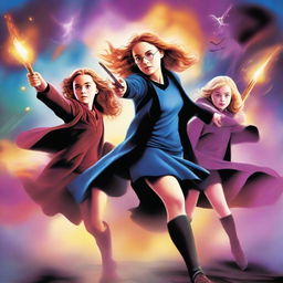 A high-quality digital art depicting the girls from Harry Potter, including Hermione Granger and Luna Lovegood, engaged in a magical duel