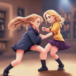A high-quality digital art piece showcasing the girls from Harry Potter, including Hermione Granger and Luna Lovegood, engaged in a friendly wrestling match