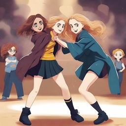 A high-quality digital art piece showcasing the girls from Harry Potter, including Hermione Granger and Luna Lovegood, engaged in a friendly wrestling match